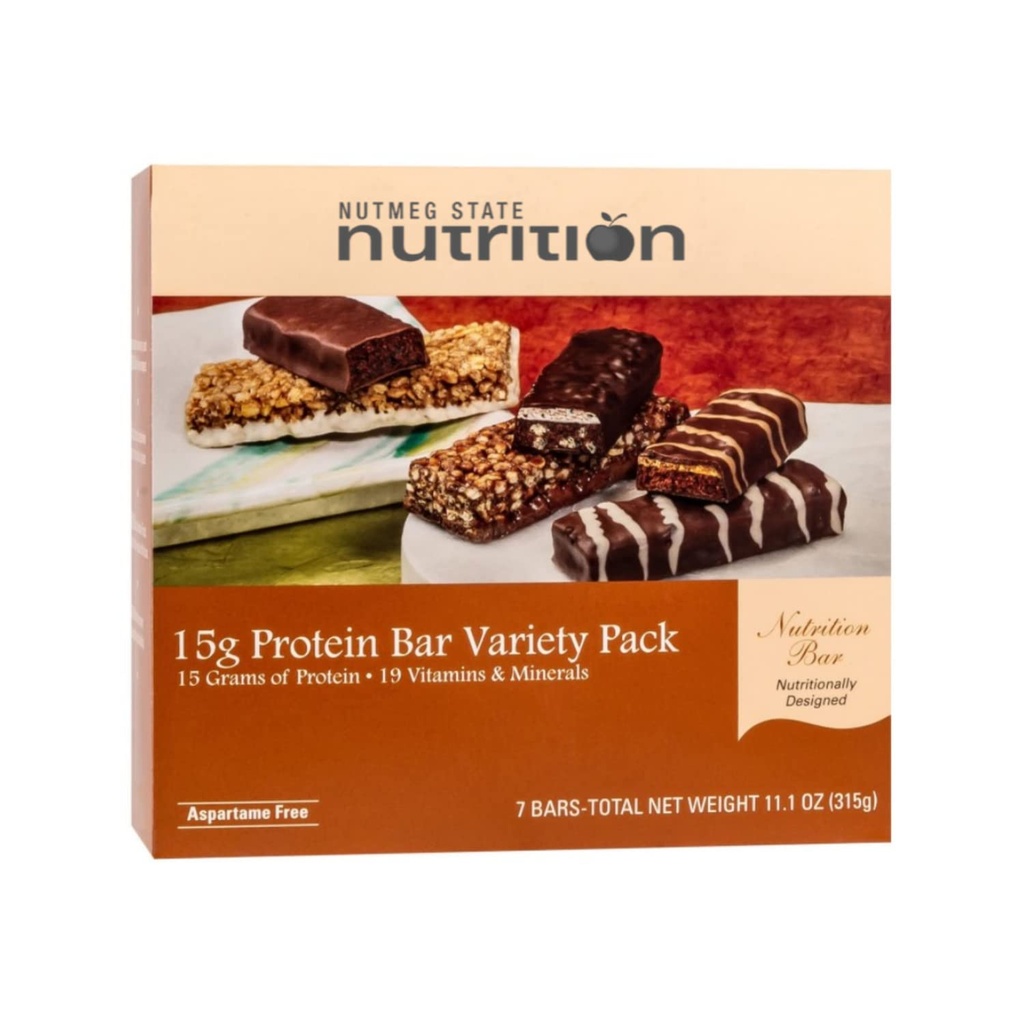 Nutrition de l'état de la noix de muscade Barres de rechange à la barre ou à la barre de repas à haute teneur en protéines - 15g Boîte de variétés de barres protéiques (7ct) - Sans gras trans, sans aspartame, sans casher, haute fibre