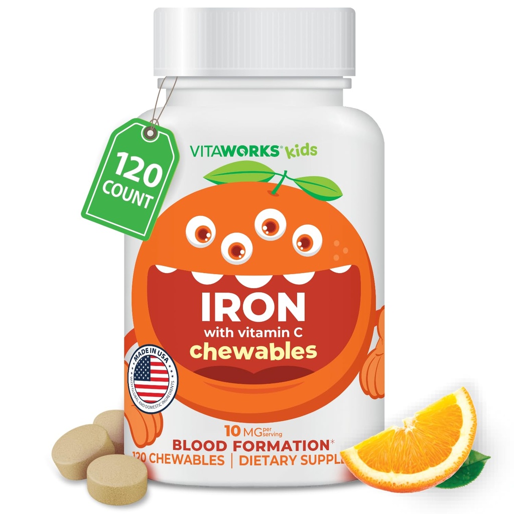 Kinder Eisen 10mg mit Vitamin C 50mg Kautabletten - Tasty Natural Flavored - Vegan, Vegan, Vegetarisch, GMO-frei, Nussfrei - Nahrungs-Eisen-Ergänzung - Blutbildung für Kinder - 120 Chewables
