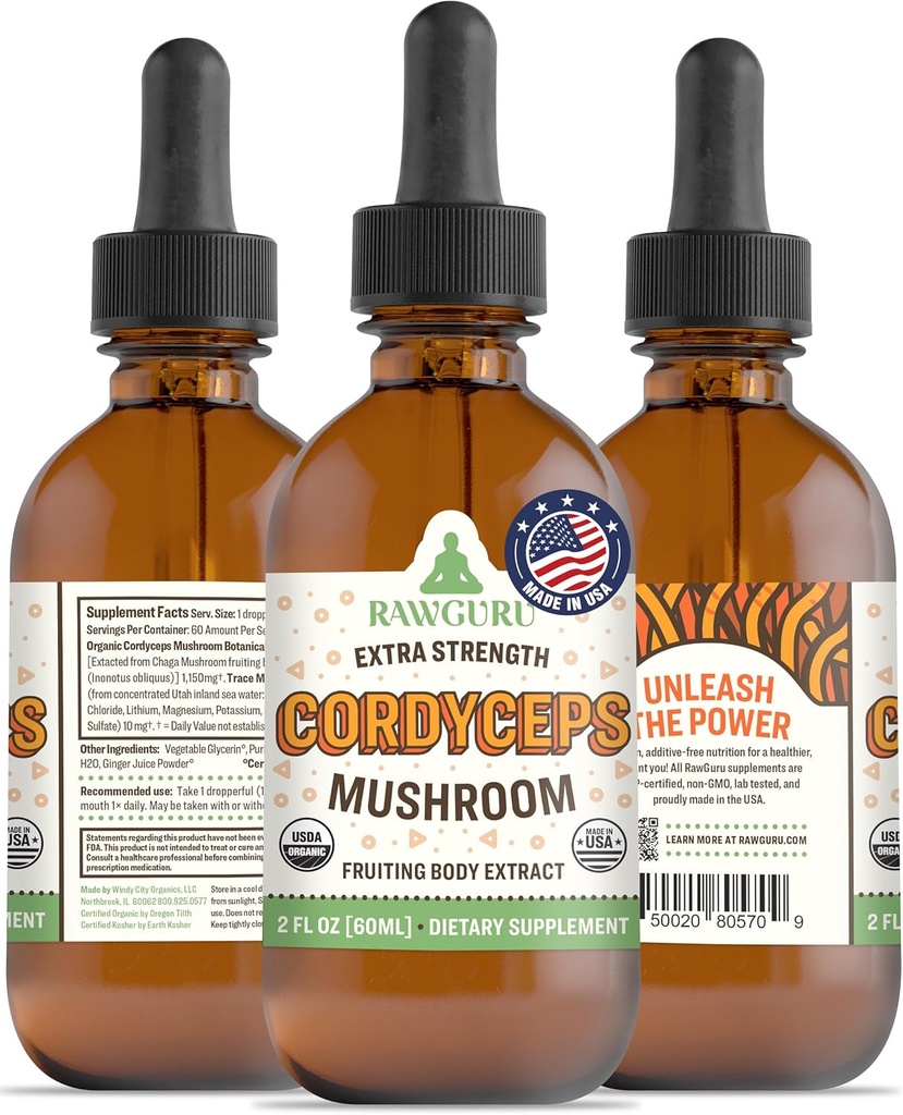 RawGuru Cordyceps Pilz-Ergänzung - Vegan Cordyceps Extrakt mit Trace Minerals - Nano-geförderte Immunität Boost & Kognitive Beilage - 60 Portionen von Vegan Tropfen pro 60 ml, Packung von 1