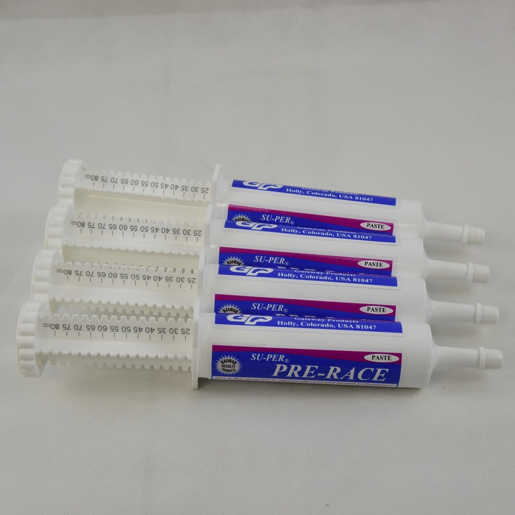 SU-PER Pre-Race Paste für Pferde - Leistungsunterstützung für Übung Muskel - Gepufferte Kreatin, Aminosäuren, Kräuterextrakte, Anti-Oxidantien, B-Komplexe Vitamine - 60CC, Fall von 4