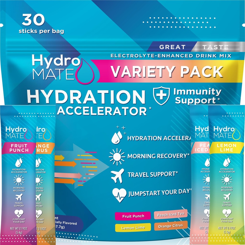 HydroMATE Elektrolyt Pulver Variety Pack Hydration Packets Low Sugar 30 Count