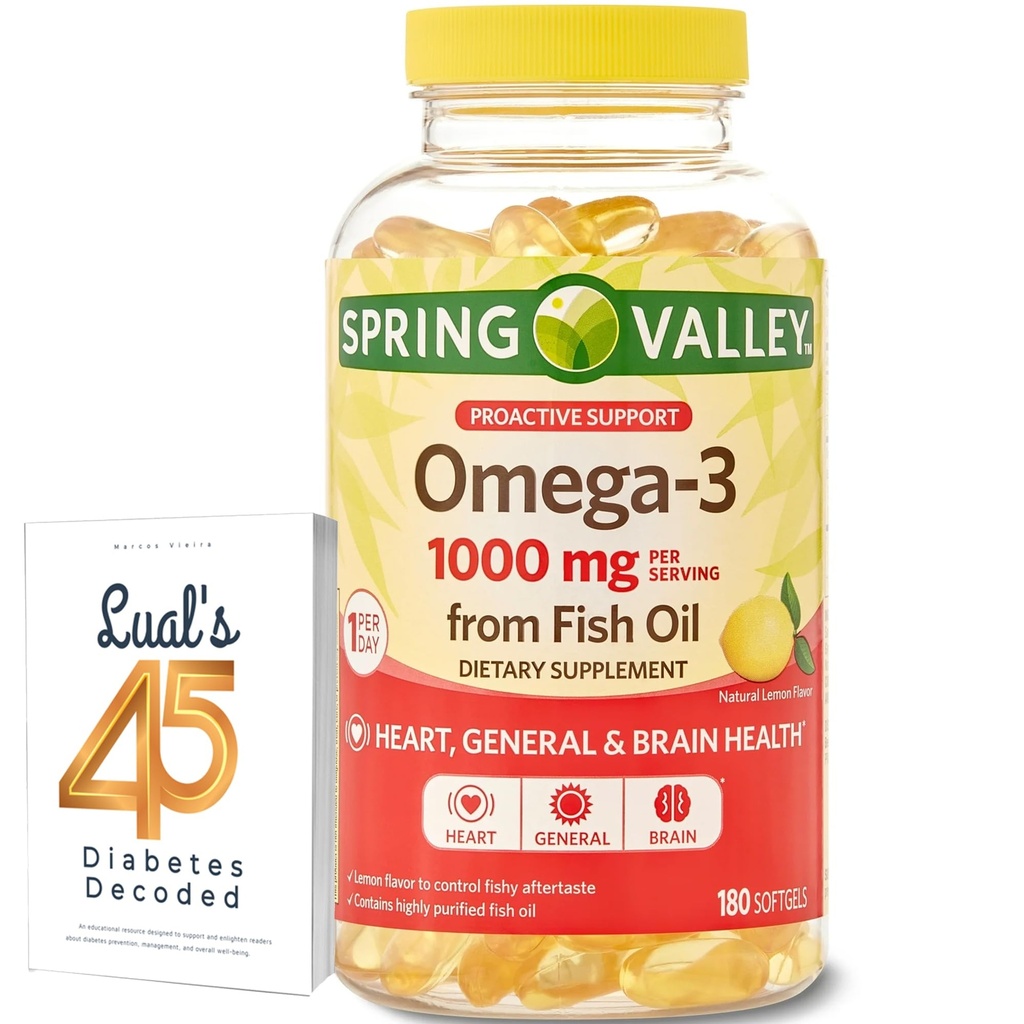 Spring Valley Omega-3 Huile de poisson Gels doux, 1000 mg, 180 Compte, complément alimentaire, Omega-3 Acides gras avec 45 Diabète Décodé