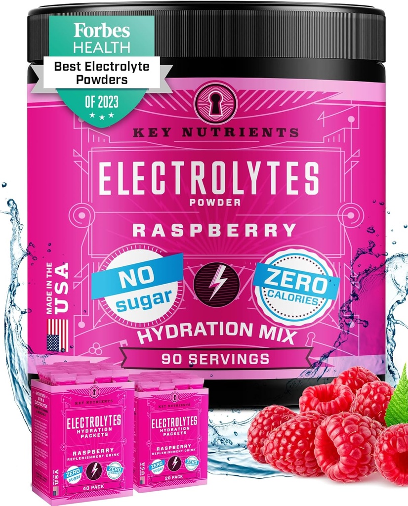 KEY NUTRIENTS Multivitamin Elektrolyte Pulver Kein Zucker - Juicy Raspberry Elektrolyt Pulver - Hydration Pulver - Keine Kalorien, Glutenfreie Keto Elektrolyte Pulver - 90 Servierungen - Made in USA