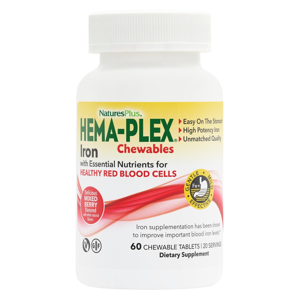 Natures Plus Hema-Plex Iron - 60 Mixed Berry Chewables - 85 mg Elemental Iron - Total Blood Health - mit Vitamin C & Bioflavonoids - Vegan, Glutenfrei - 20 Portionen