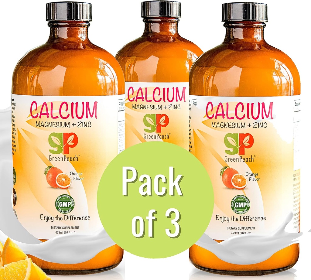 GreenPeach Flüssiges Kalzium für Kinder - Magnesium, D3 & Zink Beilage - Kalzium Citrat & Vitamin D3 Kids Calming Syrup - Kein Zucker keine künstlichen Aromen - Vegetarischer Kosher (3-Pack)