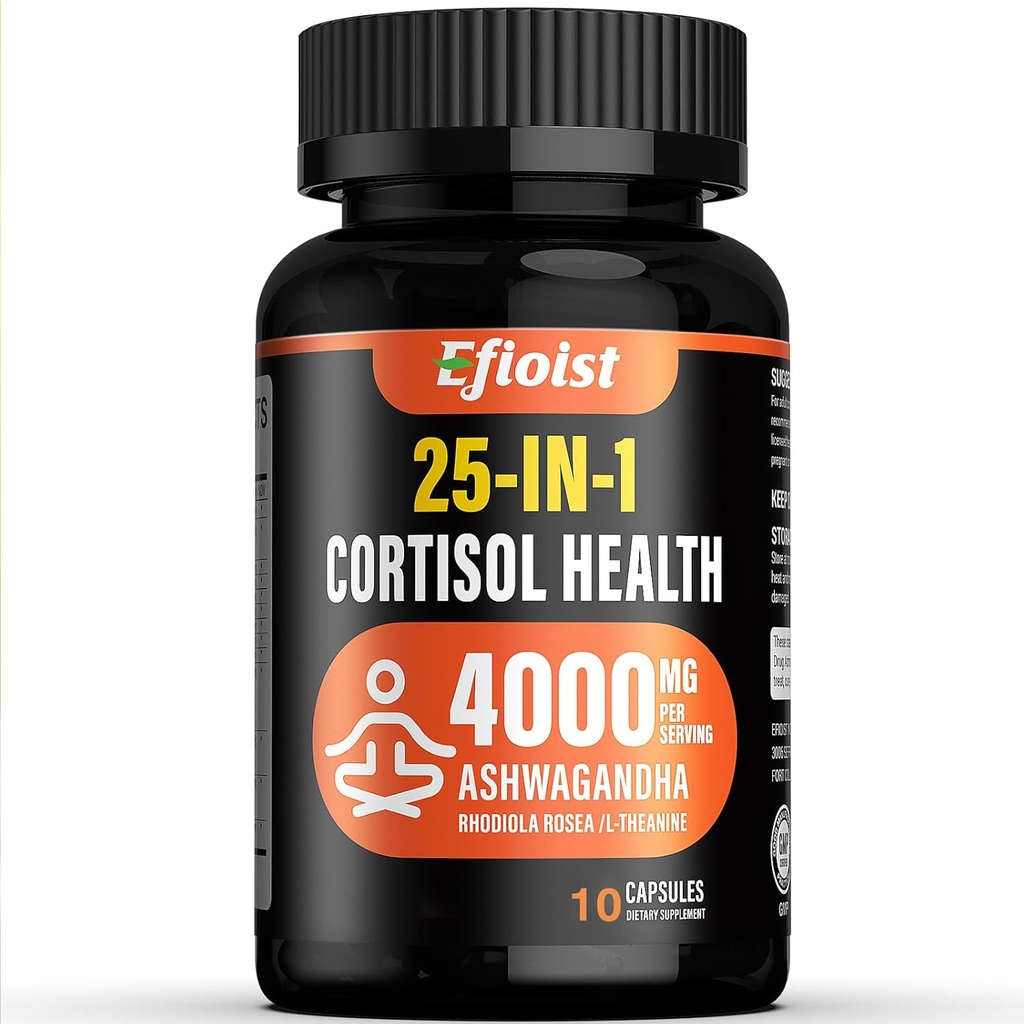 Supplément de cortisol santé, 25-en-1 Réducteur de cortisol pour les femmes et les hommes, Suppléments de cortisol pour Ashwagandha, Rhodiola Rosea, L-Theanine, 10 capsules