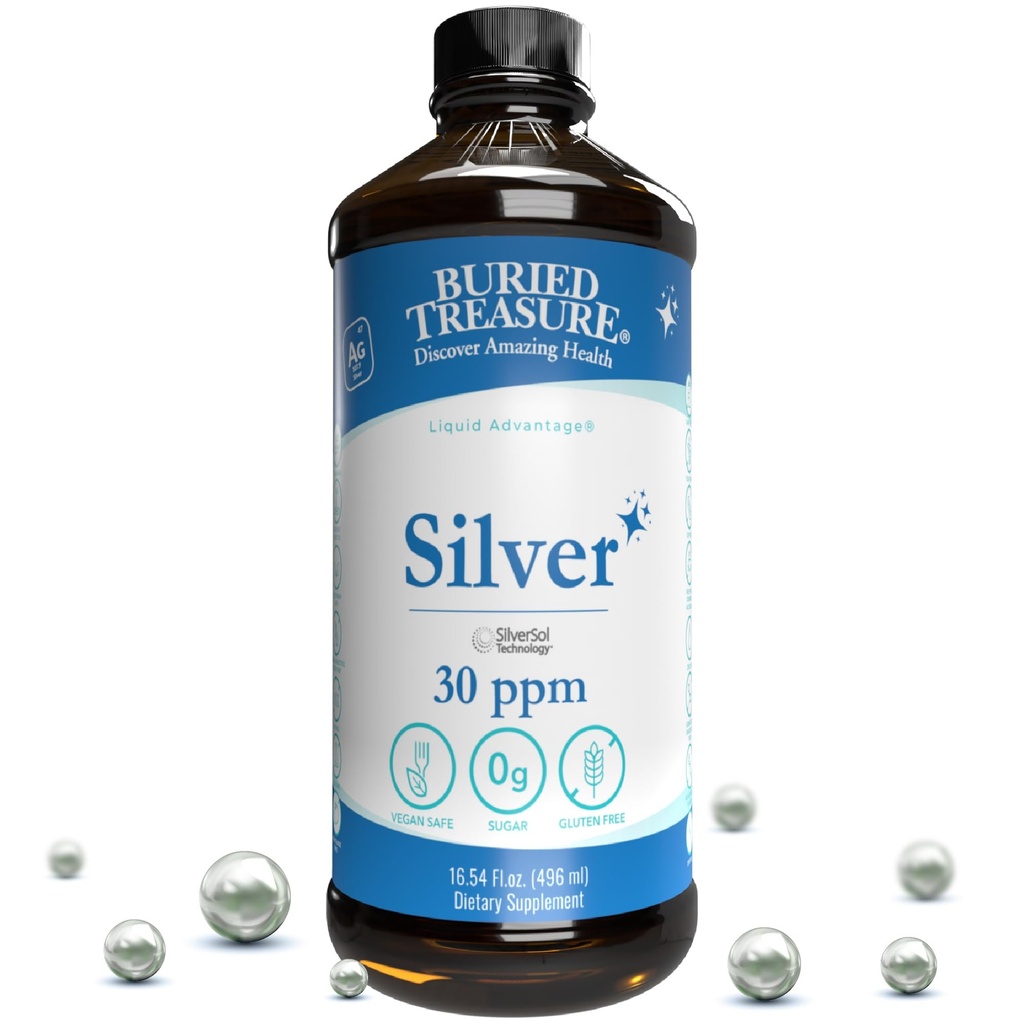 Buried Treasure Purified Silver Liquid 30 PPM - 16 oz. 96 Servierungen, Non-Accumulative Nano Silver Solution, Spray & Dietary Immun Supplement