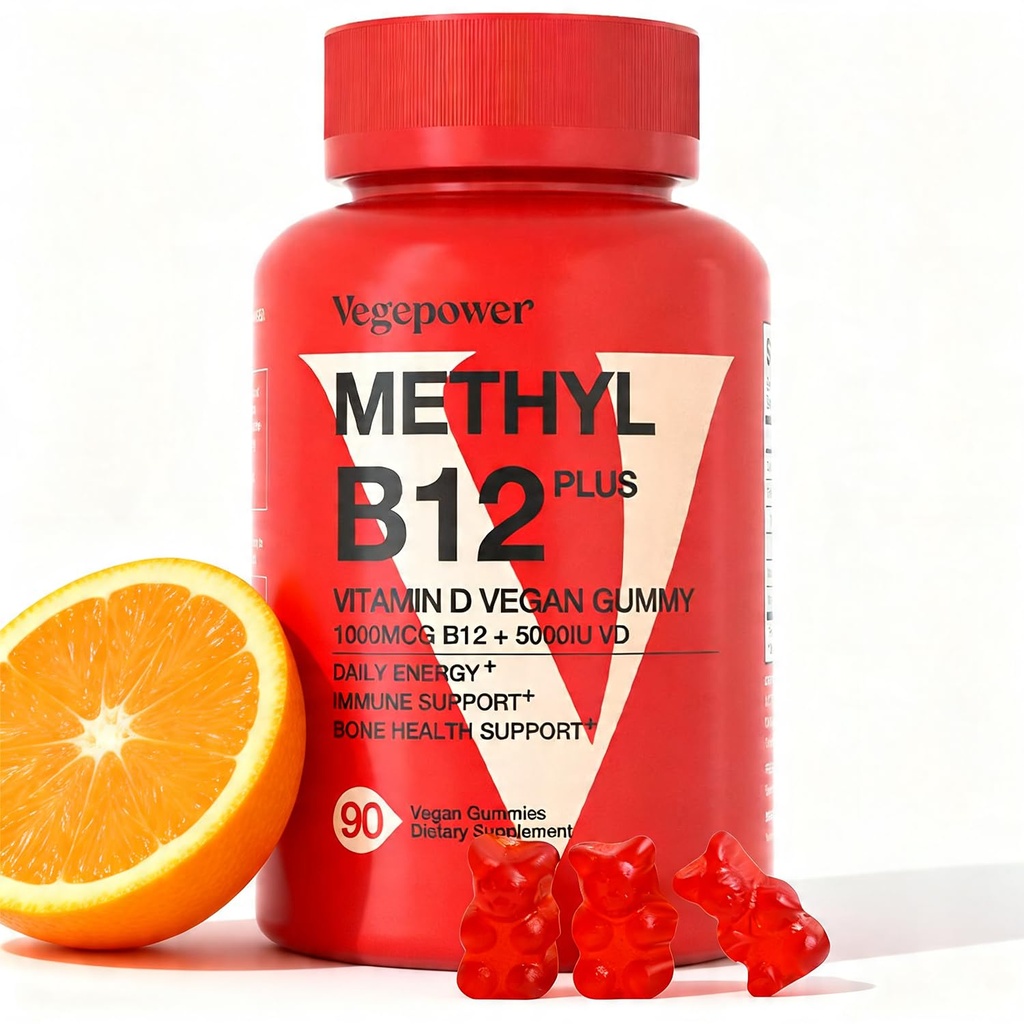 Vitamine végétale D3 & B12 Gommies, supplément de méthyl B12 pour adultes et enfants, enrichi avec la vitamine D 3 pour l'énergie naturelle, l'immune, le métabolisme et le focus, orange, 90 Gommies
