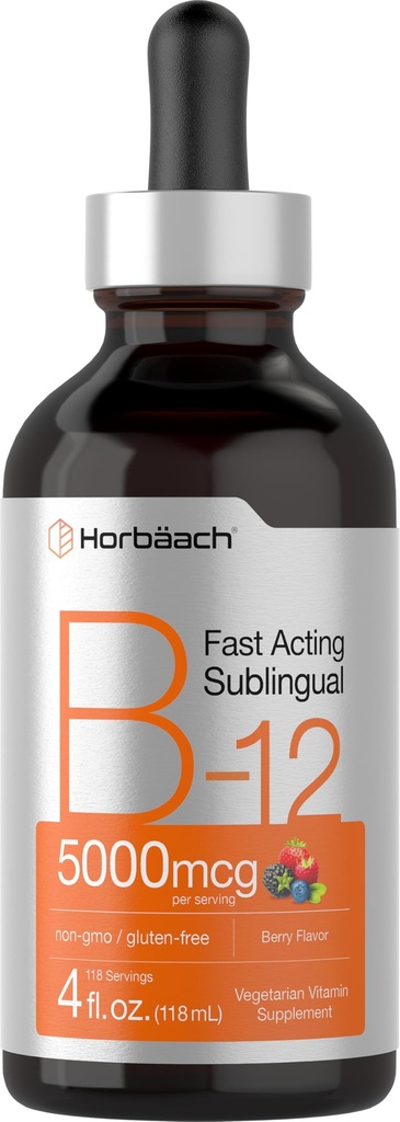 Horbaach B12 Vitamin 5000 mcg Sublingual | 4 Fl Oz | als Methylcobalamin und Cyanocobalamin | Flüssige vegetarische Tropfen | Beerengeschmack | Non-GMO & Gluten Free Supplement