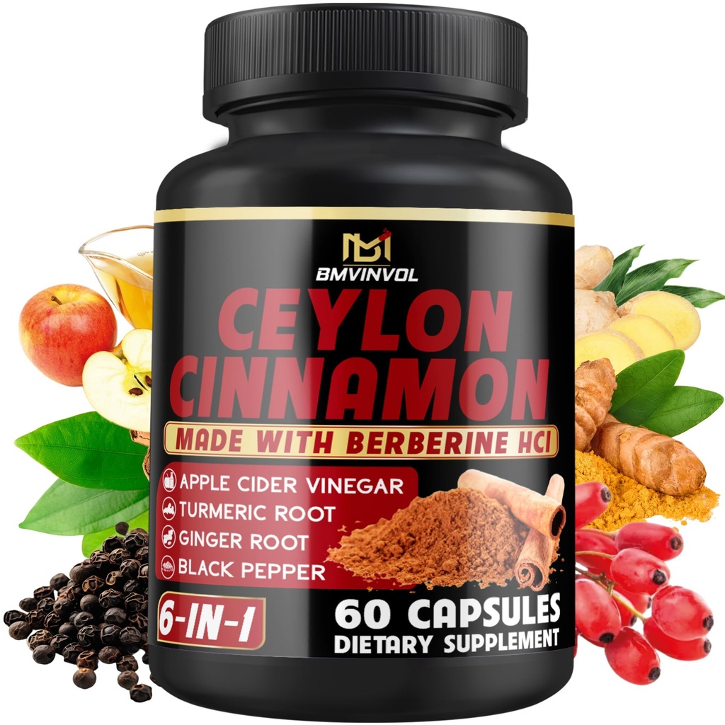 Ceylan Capsules de cannelle avec HCl berbère, vinaigre de cidre de pomme, curcuma, ginseng, poivre noir - 6in1 pour soutenir la fonction immunitaire - 60 Compte
