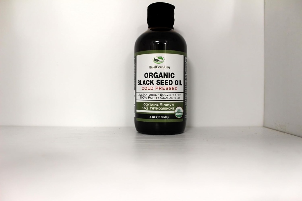 HalalEveryDay Huile de graines noires biologique - Bouteille de verre pressée à froid certifiée USDA supérieure à 1,5%