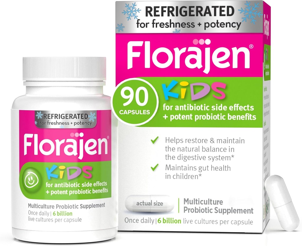 Florajen Kids Probiotic, 6 Billion CFUs, Kühlte Probiotika für Kinder, Multi Culture Probiotic Supplement, Relieves Occasional Gas, Bloating & Constipation, Unterstützt Gut Health, 30 Ct (3 Pack)