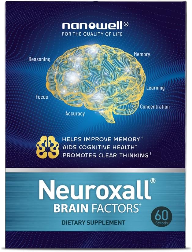 NANOWELL Neuroxall Gehirnfaktoren - Kognitive Unterstützung mit Vitamin B6, Astaxanthin, Ginkgo Biloba Extract & Phosphatidylserine - Boosts Gehirn Gesundheit, Gedächtnis & Fokus - 60 Softgels
