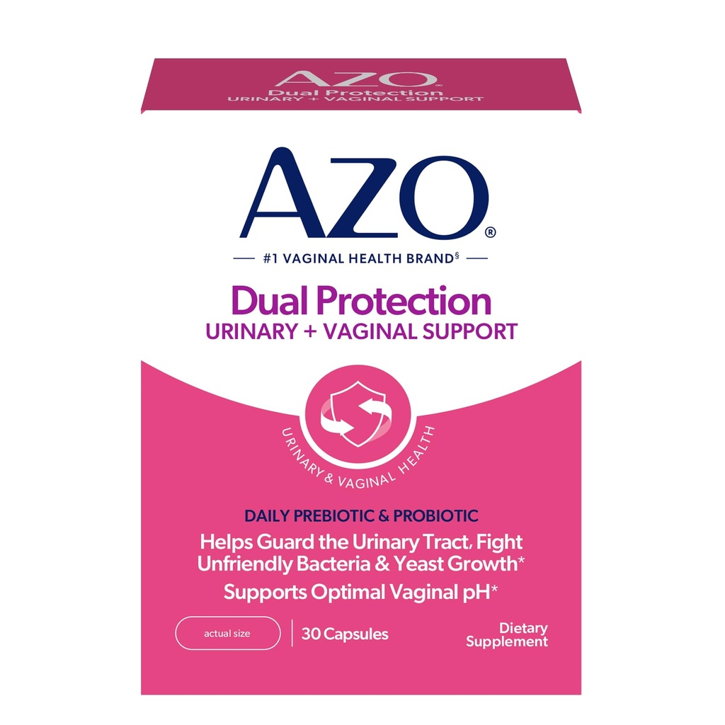 AZO double protection, soutien urinaire + vaginal, prébiotiques et probiotiques pour les femmes*, commence à travailler dans les 24 heures, non-OGM, 30 comte