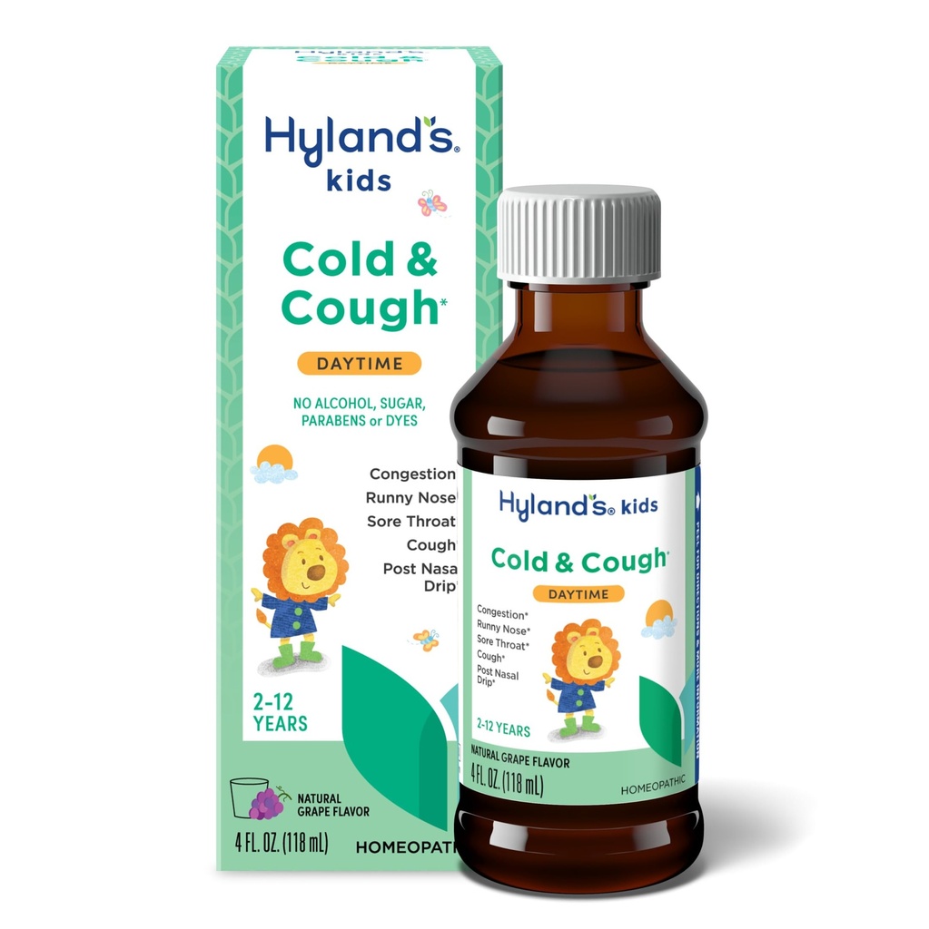 Hyland's Kids Cold and Cough, Daytime Grape Flavor Cough Syrup Medizin für Kinder Alter 2 und höher, Decongestant, Sore Throat Relief, Natürliche Behandlung für gemeinsame kalte Symptome, 4 Fl Oz