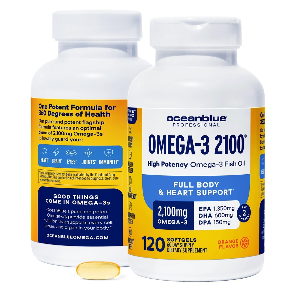 Oceanblue Professional 2100mg | Dreifache Stärke Omega 3 Fischöl-Ergänzung | Burpless | Hohe Potenz EPA DHA | Wild Caught - 120 Count (Pack mit 2) Natürliche Orange Flavor