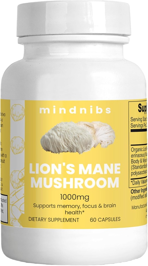 Bio Lion's Mane Mushroom Capsules 1000mg - Kognitive Unterstützung, Neuroprotektiv Nootropics, 60 Vegan Caps
