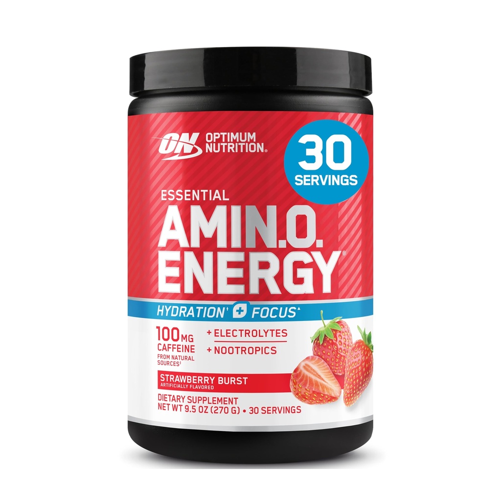 Optimum Nutrition Amino Energy Powder Plus Focus, mit BCAA, Elektrolyten und Koffein, Juicy Strawberry, 30 Portionen (Packaging May Vary)