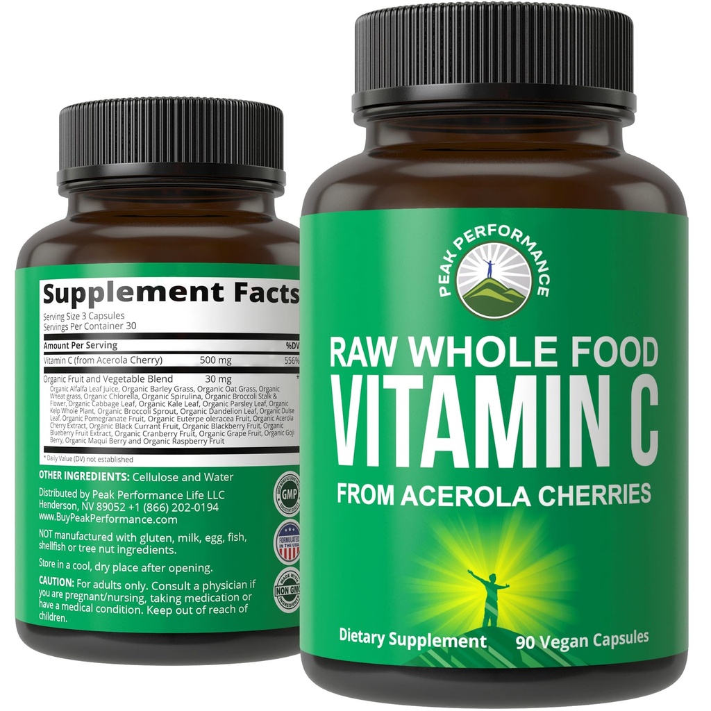 Peak Performance Raw Ganze Nahrung natürliche Vitamin C Kapseln von Acerola Kirsche für maximale Absorption. Vegan USA Sourced Vitamin C Supplement 90 Pillen. 500 mg Servieren oder 2 Portionen 1000mg
