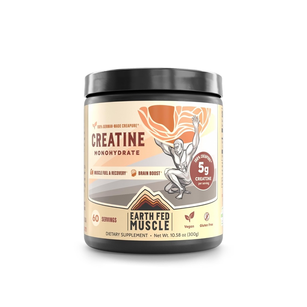 Earth Fed Muscle Transcend Creatine Monohydrat-Pulver – 100% Deutsch Creapure Creatine für Frauen | Muskel Erholung & Gebäude, Energieproduktion | Unflavored 5g Servieren, 60 Portionen pro Container