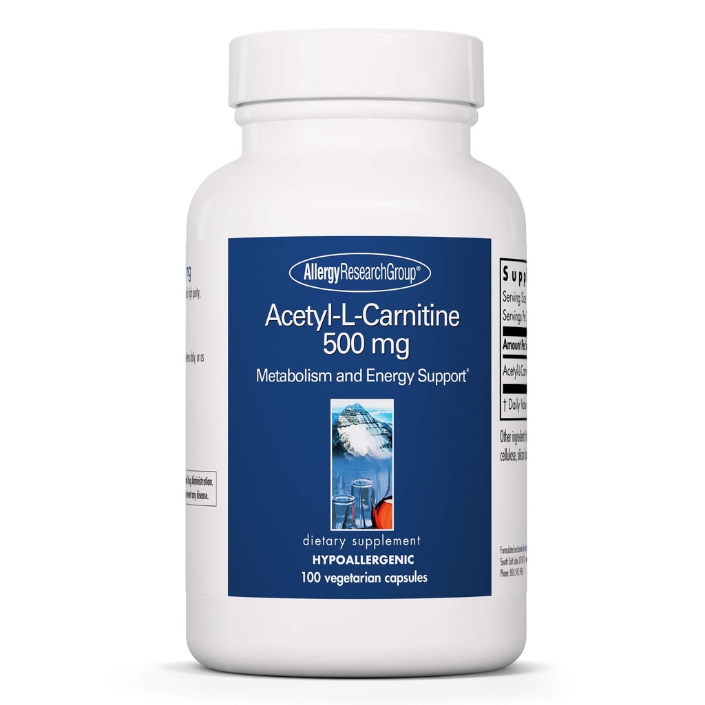 Allergy Research Group Acetyl-L-Carnitin 500mg Supplement - Metabolismus und Energieunterstützung, ALC, freie Form Aminosäure, vegetarische Kapseln - 100 Count