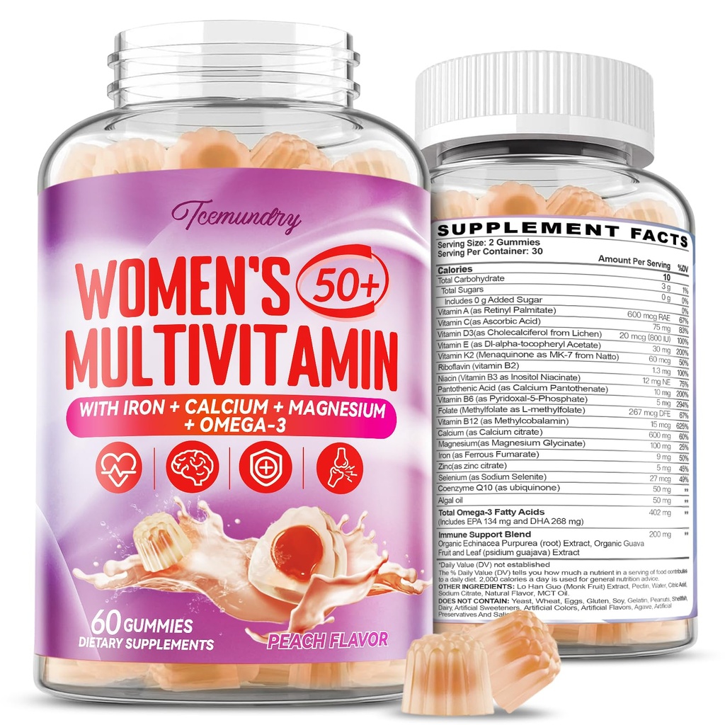 Gommies multivitamines pour femmes 50 Plus - avec Omega 3, Coenzyme Q10, Fer, Calcium, zinc, vitamine A, C, D3, E, K2, Complexe B, Folate - Multivitamines et minéraux pour l'énergie, la beauté, l'Immune, sans sucre