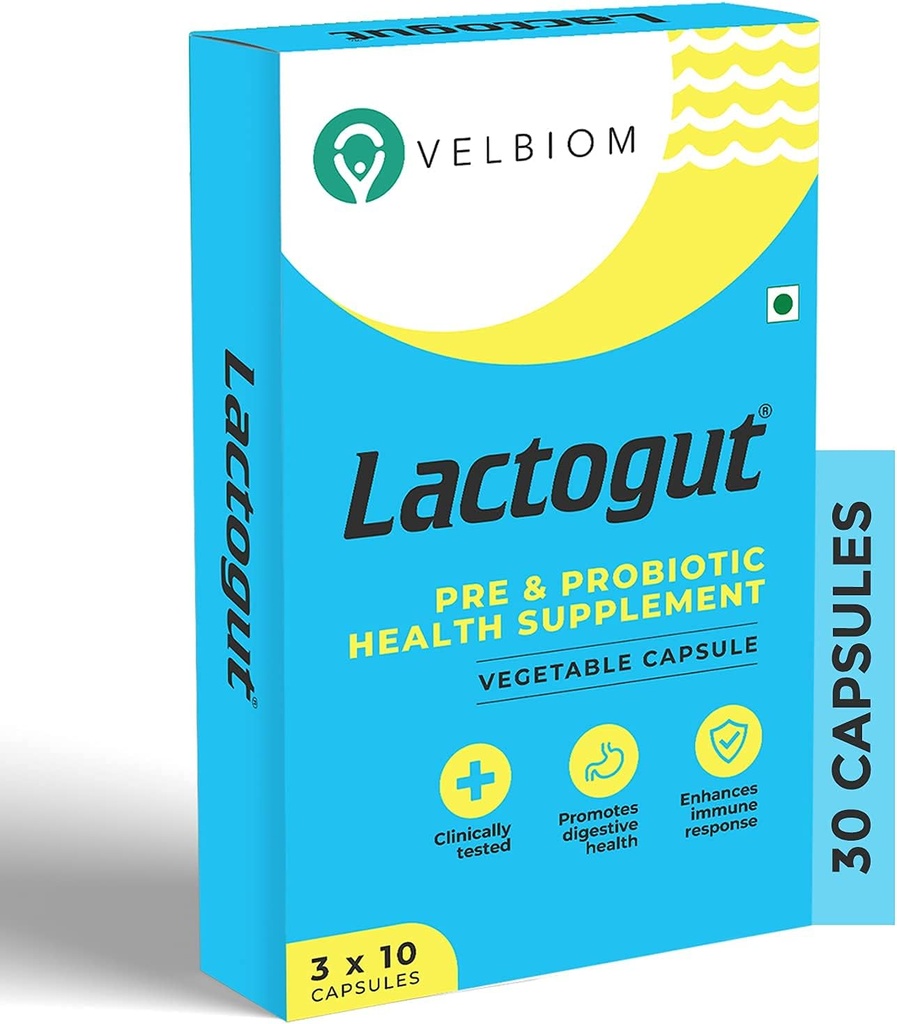 Lactogut Probiotics Supplement for Immunity and Digestive Health, Gut Health Multi Strain and Site-Specific Pre-Probiotic Formula Helps in Ibs and Ibd - 30 Capsules