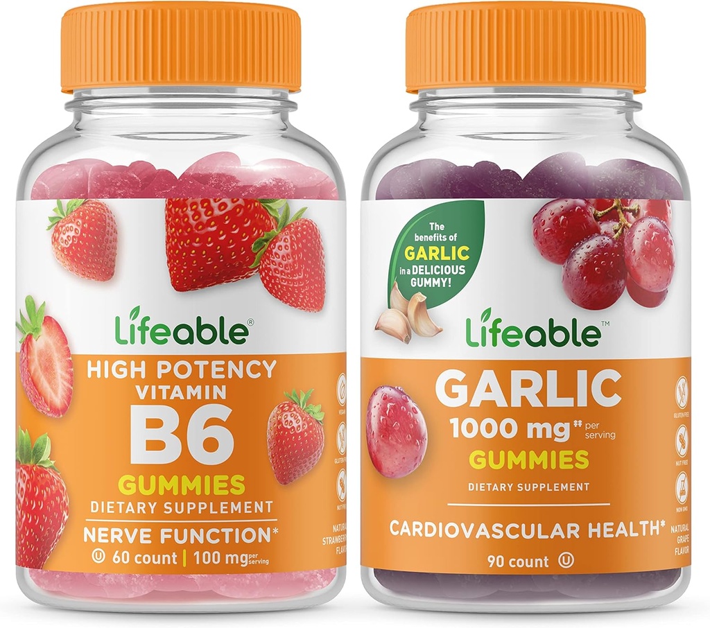 Lebensfähiges Vitamin B6 + Knoblauch 1000mg, Gummie Bundle - Große Verkostung, Vitamin-Ergänzung, Glutenfrei, GVOfrei, Kaubar