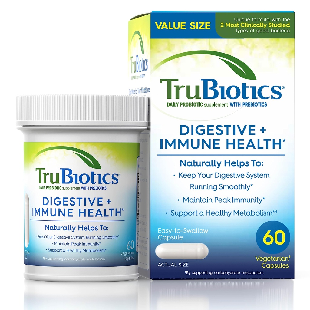 TruBiotics Probiotics for Digestive & Immune Health, unterstützt Regularität & hilft, Abdominalstörungen, Gas & Bloating, 2 klinisch untersuchte probiotische Straine, Plus Prebiotics, 60 Kapseln