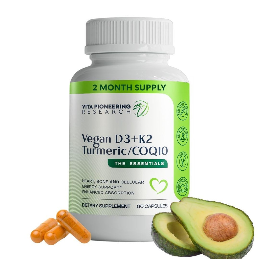 5-in-1 Vitamin D3 2000IU + K2Vitales Vitamin K2 mit Kurkuma und COQ10 - mit Avocado-Pulver für verbesserte Absorption - Herz, Knochen, zelluläre Gesundheitsunterstützung