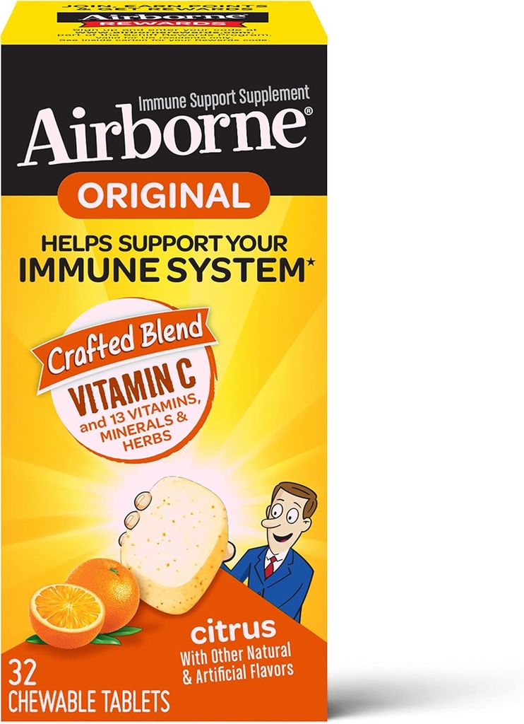 Comprimés à croquer d'agrumes (32 Nombre dans une boîte), supplément de soutien immunitaire sans gluten, avec vitamines A C E, ZINC, Sélénium, Echinacea & Ginger, antioxydants