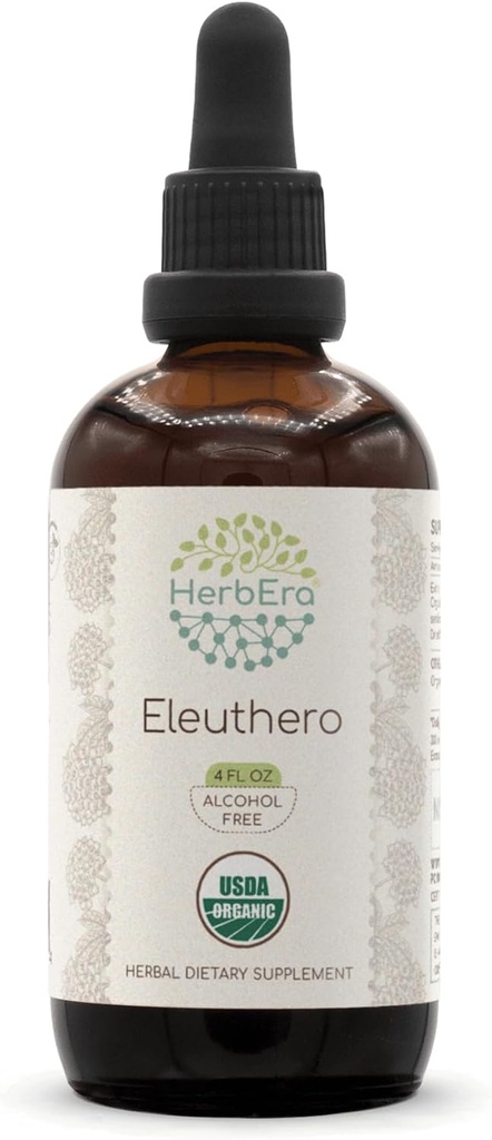 HerbEra Eleuthero B120 USDA Organic Tincture | Alkoholfreier Extrakt, hochkarätige Kräutertropfen | Certified Organic Eleuthero (Eleutherococcus Senticosus, Sibirische Ginseng) Getrocknete Wurzel (4 oz)