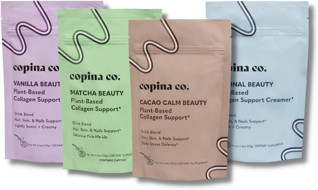Copina Co. Vegan Collagen Booster Mix: Plant Based Collagen Support Smoothie Drink Vegan Blend Variety Pack | 4 Flavors Matcha, Vanilla, Original und Cacao Calm | 25 Portionen pro 4.4oz Tasche