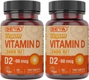 DEVA Vegan Vitamin D2 60 mcg 2400 IU, Ergocalciferol Beilage ohne Tierbestandteile, 90 Tabletten (Pack von 2)