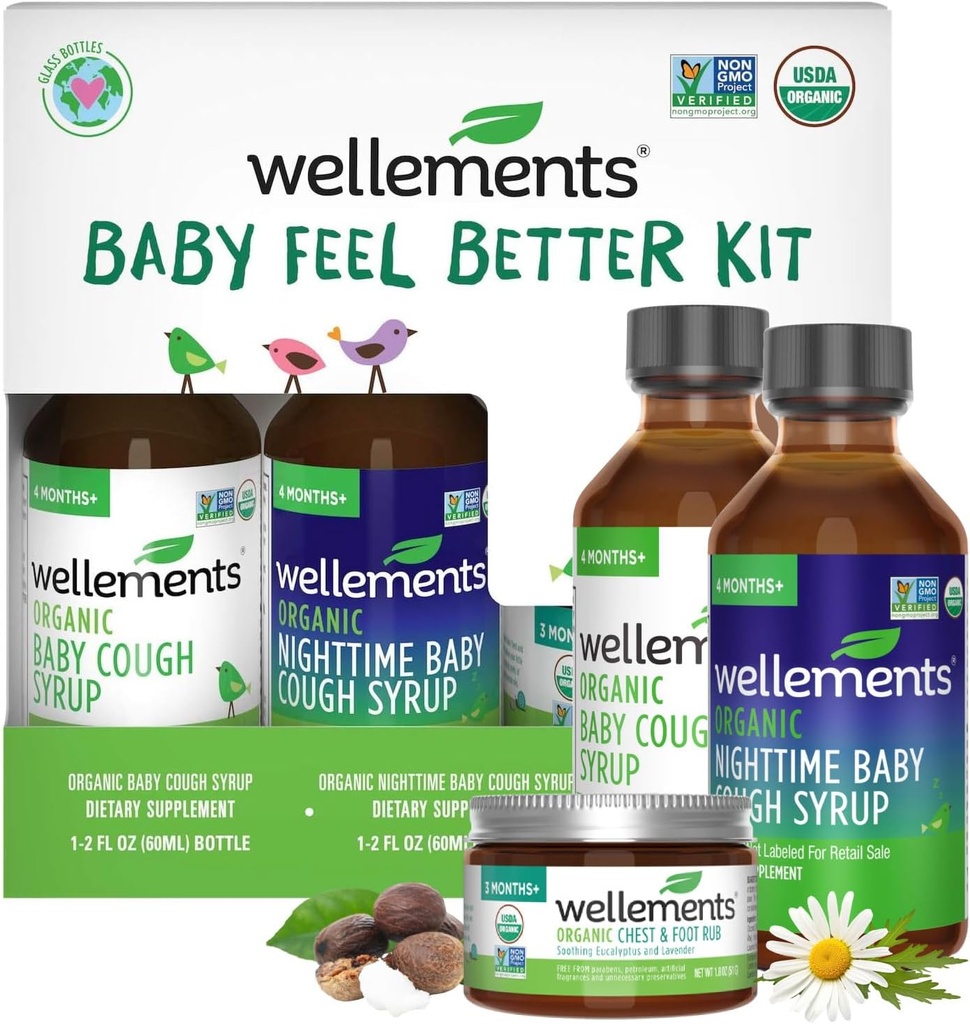 Wellements Organic Baby Feel Better Kit pour 4 mois + de la journée et de la nuit Sirops avec la poitrine et le pied Rub.