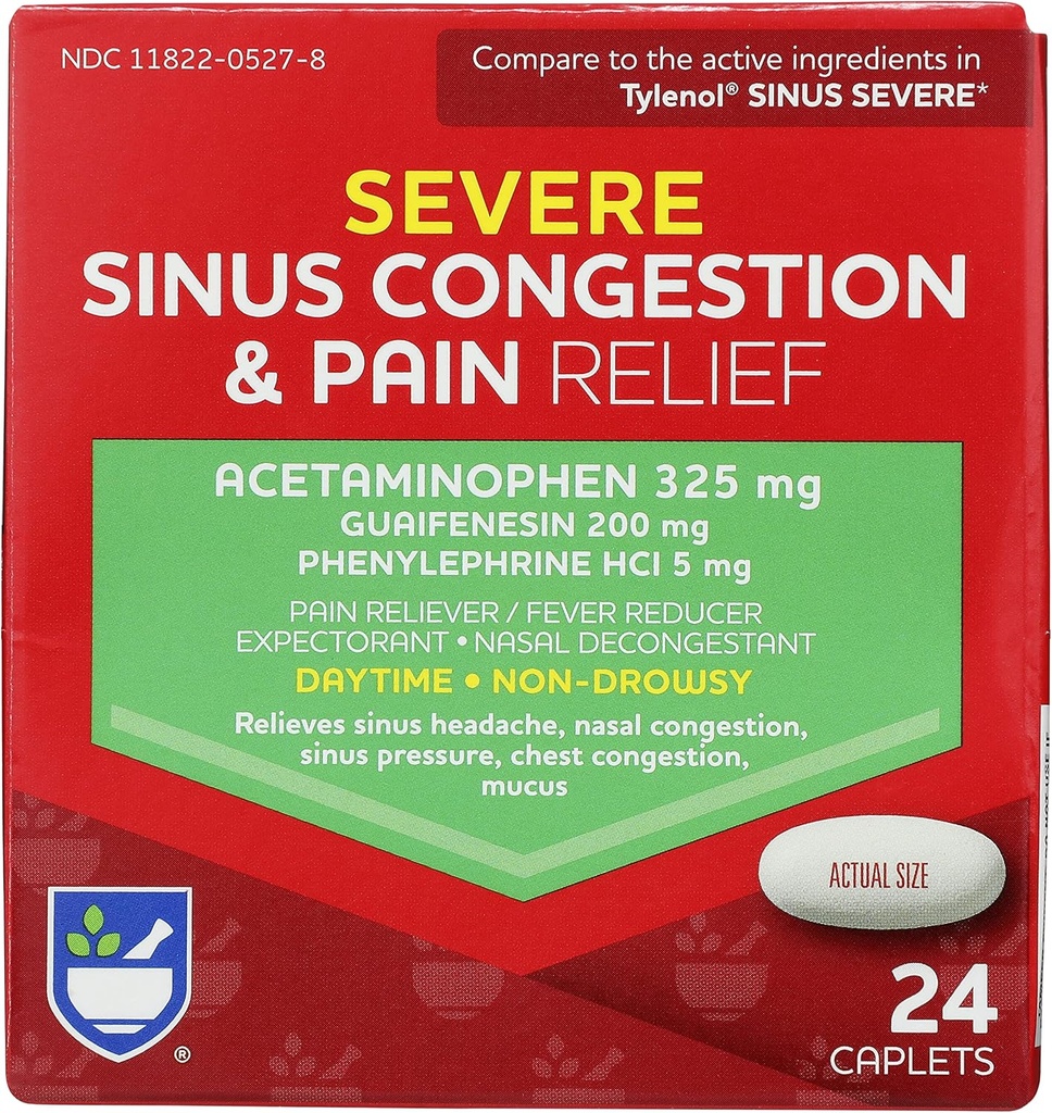 Rite Aid Daytime Severe Sinus Congestion & Schmerz Relief - Acetaminophen, 325 mg - 24 Caplets | Multi-Symptom Nicht-Drowsy | Relief | Kalt und Flu | Kalt & Sinus Medizin für Erwachsene