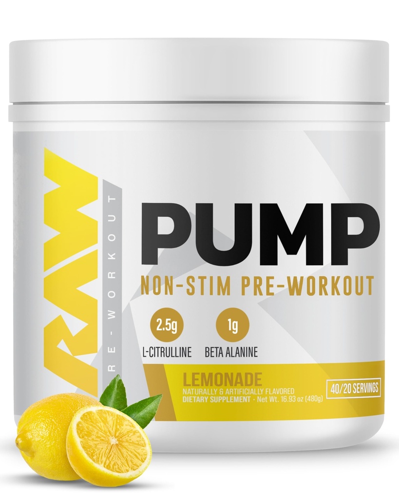 RAW Pump Stim Free Pre Workout (Lemonade) - Nicht-Stimulant Pre Workout Ergänzung Pulver Stickstoffmonoxid Booster - Pre Workout Ergänzungen Getränk für während des Trainings - 40 Portionen
