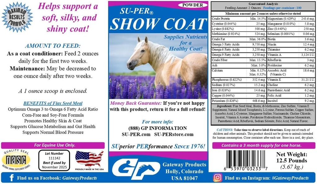 SU-PER Show Coat Supplement für Pferde - Unterstützt weiche, Silky und Shiny Coat - Schnellere Mane und Schneckenwachstum - Aminosäuren, B-Komplexe Vitamine und Mineralstoffe - 12,5 Pfund, 3 Monate Versorgung