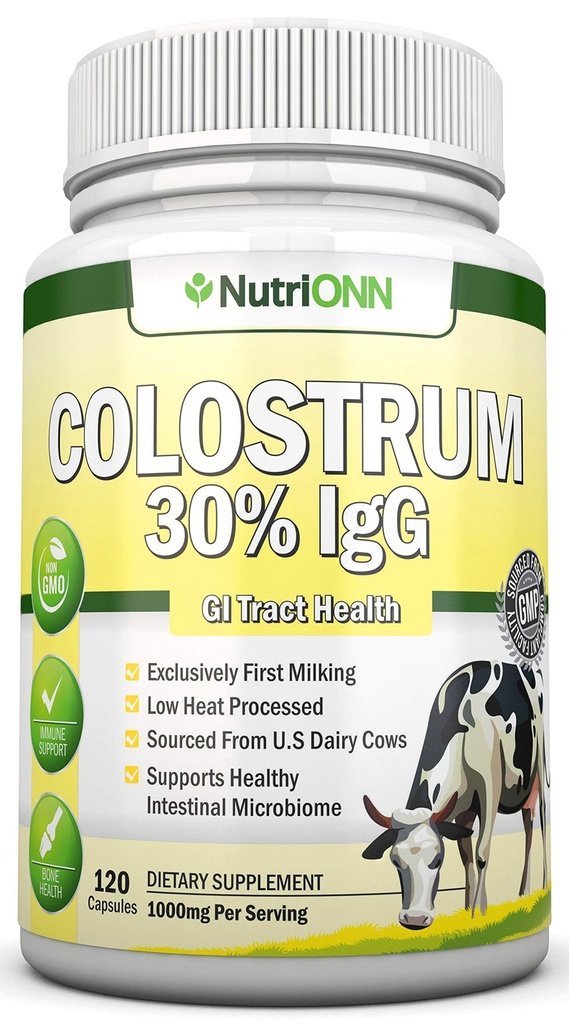 Colostrum - 1000mg - 120 Capsules - 30% IgG - Produits laitiers non-OGM US - Premier colostrum bovin laitant - traité à faible chaleur - Excellent pour la santé des IG Tract - Soutien immunitaire - Santé des os et des muscles