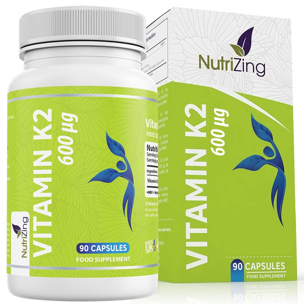 NutriZing K2 Vitamin Supplement MK-7 - High Strength 600mcg - Unterstützt Knochen & Arterielle Gesundheit - 90 Vegane Kapseln - Vitamin K2 für Männer & Frauen - 3 Monate Versorgung