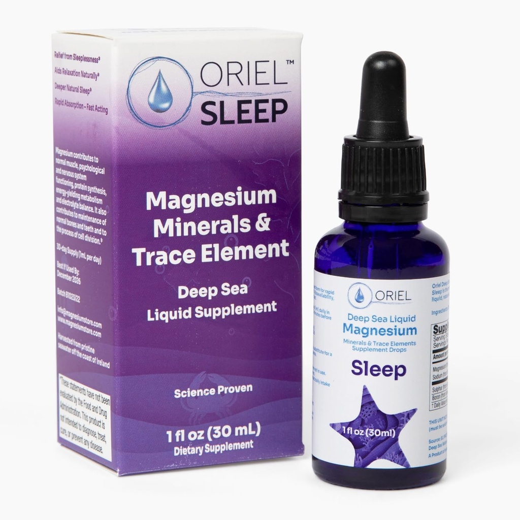 Oriel Liquid Magnésium gouttes pour le sommeil, Absorption rapide, Magnésium d'ion libre, Minéraux et 78 éléments traces, soutient le sommeil naturel et profond, relaxation et calme, 30 ml, 30 jours d'approvisionnement