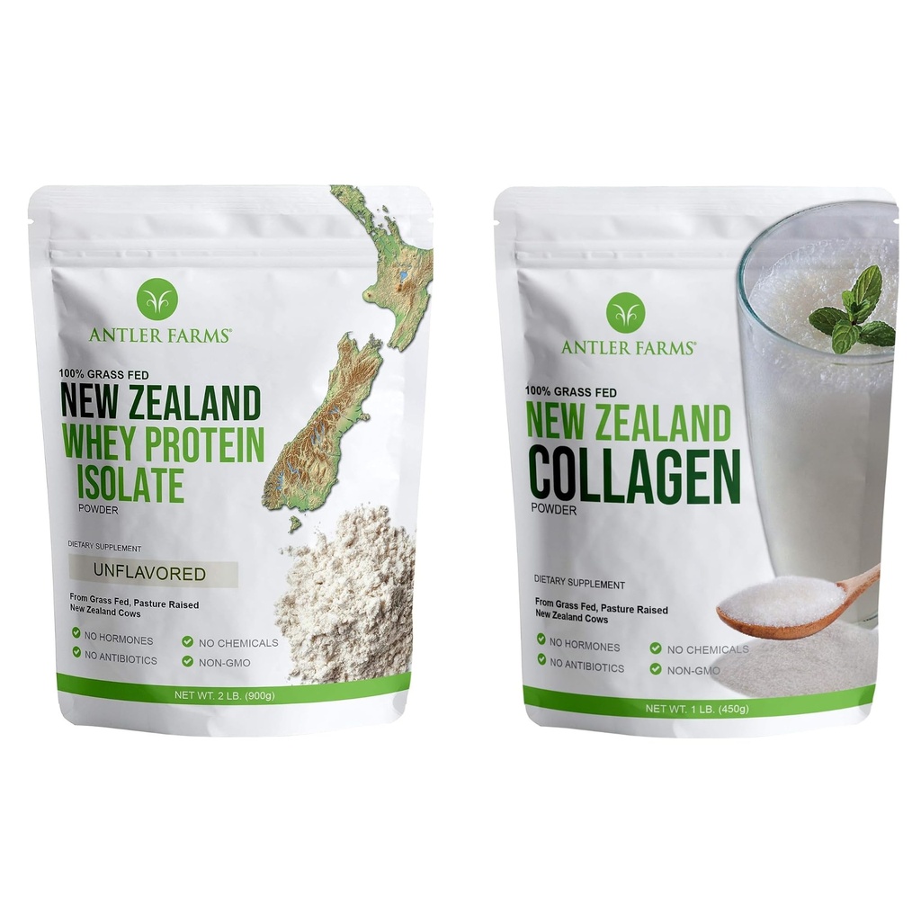 Fermes Antler - 100% Herbage Fed Nouvelle-Zélande Whey Protein Isolate & Collagen Powder Bundle