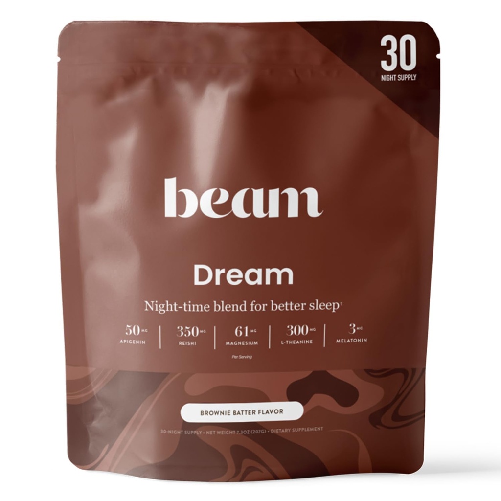 Beam Dream Sleep Powder – Aide au sommeil pour les adultes avec Melatonine, Magnésium, L-Theanine, Reishi Champignon & Supplément de sommeil apigénien, Sleepy Cocoa Drinktime Mix, Brownie Batter Flavor, 30 portions