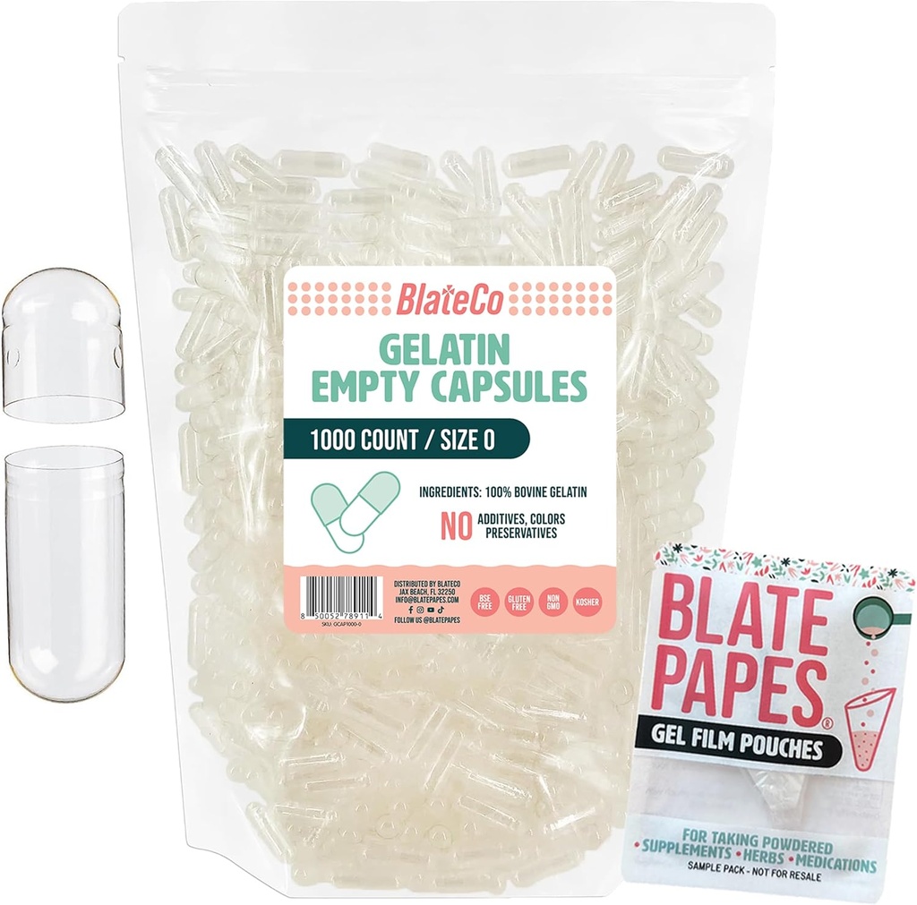 BlateCo Premium Size 0 Empty Gelatin Capsules, 1000 Count (Clear) with Blate Papes® Gel Film Pouches - New, Non-GMO Fillable Pill Caps in a Resealable Bag - Nothing Artificial, Ever.