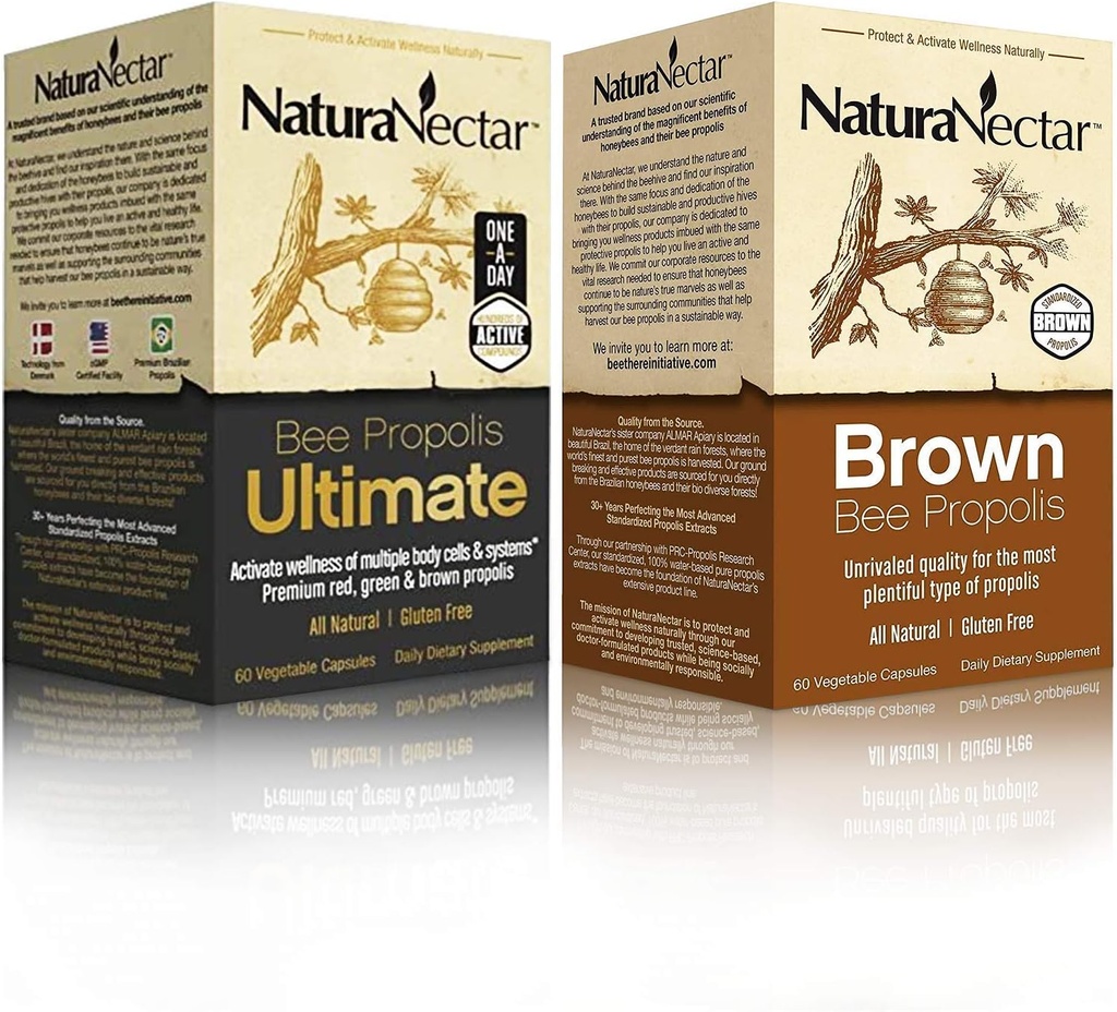 NaturaNectar Natural Bee Propolis Bundle – Bee Propolis Ultimate und Brown Bee Propolis - für Immune, Herz-Kreislauf- und Atemsysteme - 60 Kapseln pro Flasche