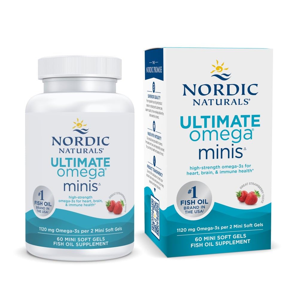 Nordic Naturals Ultimate Omega Minis, Erdbeergeschmack - 60 Minis Soft Gels - 1120 mg Omega-3 - High-Potency Fish Oil Supplement - EPA & DHA - fördert Gehirn & Herzgesundheit - 30 Portionen