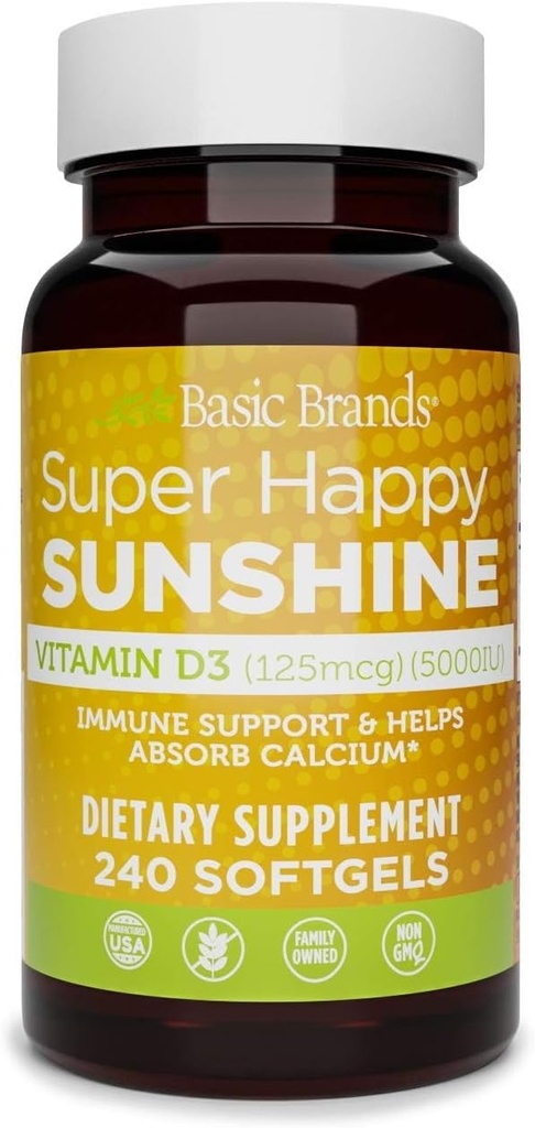 Marques de base Super Happy Sunshine Vitamine D3 5000IU, 240-count (paquet de 1)