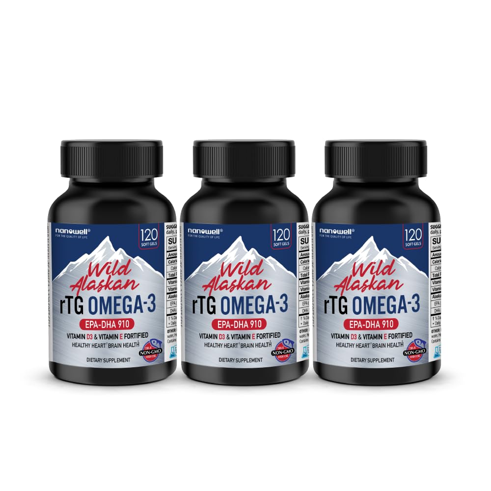 NANOWELL Wild Alaskan rTG Omega-3 Fish Oil 1196mg - EPA, DHA, Vitamin D3 & E - 120 Softgels x 3 Flaschen (360 Zähler)