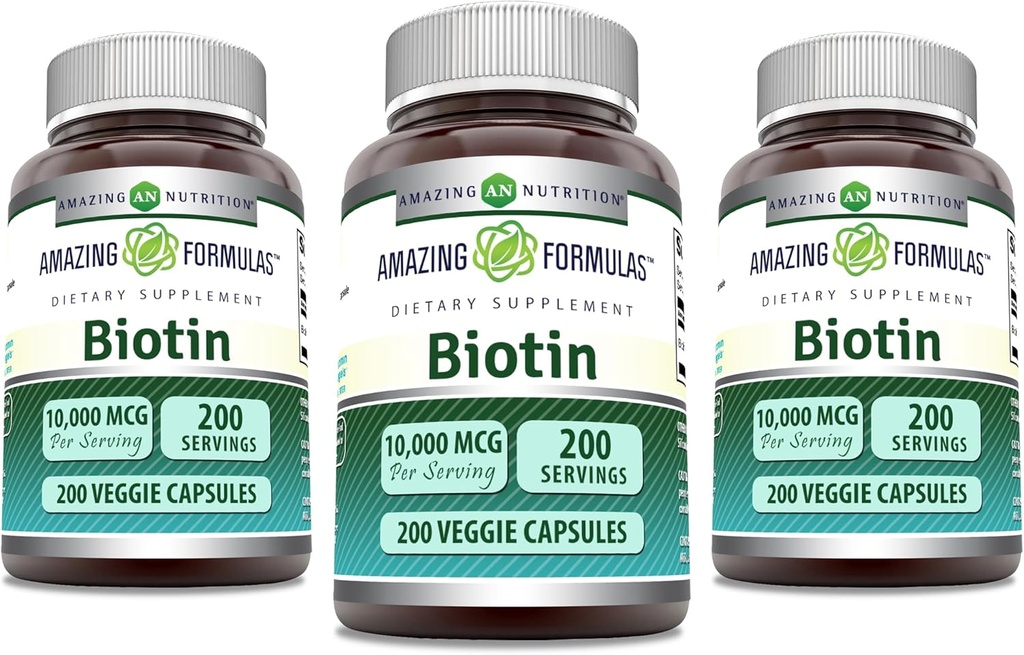 Erstaunliche Formeln Biotin 10000 mcg Veggie Kapseln | Vitamin B7 Supplement | Non-GMO | Gluten Free | Made in USA (200 Count | 3 Pack)