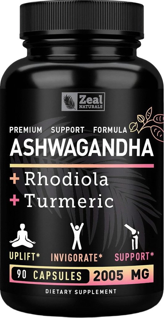 Complexe Ashwagandha - Poudre de racine bio Ashwagandha + Rhodiola Rosea + Turmeric - Formule de soutien Premium - Supplément Capsules Ashwagandha